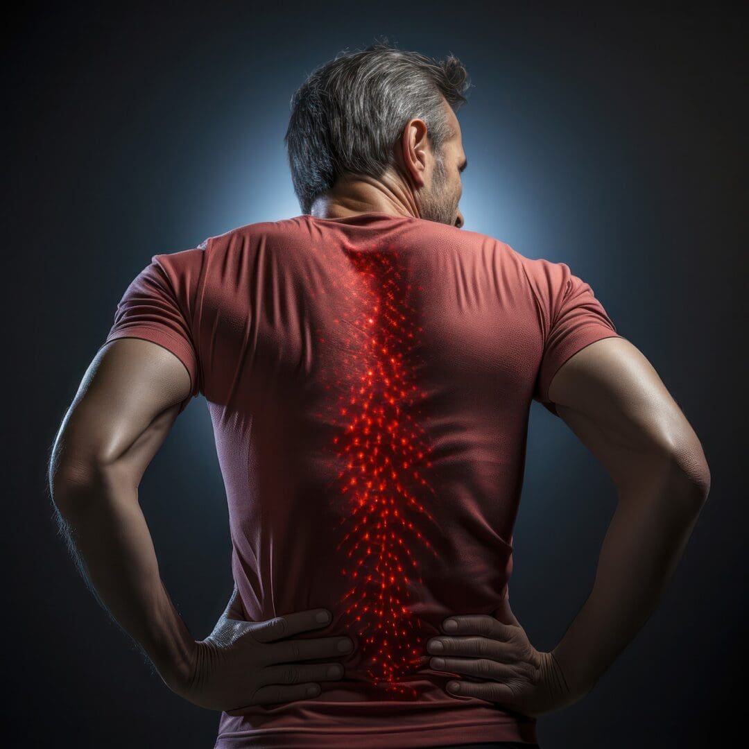 A man with his back turned and the red spot on his spine.